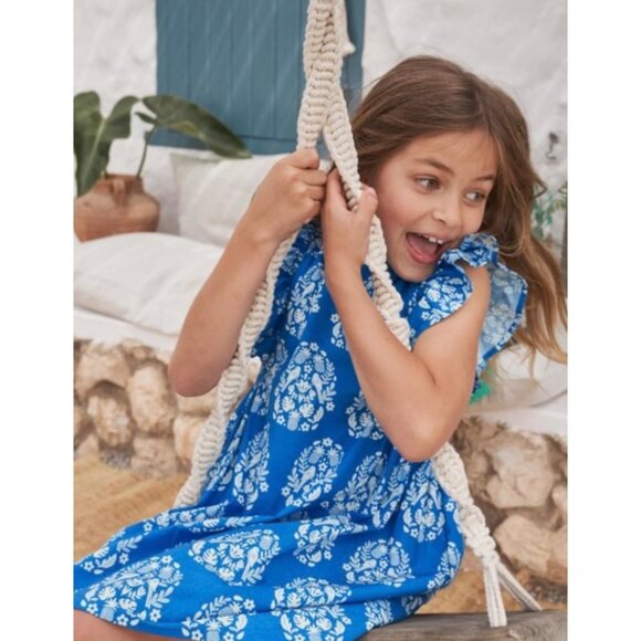 Mini Boden Girls Printed Frill Sleeve Dress Bright Marina Blue Summer
